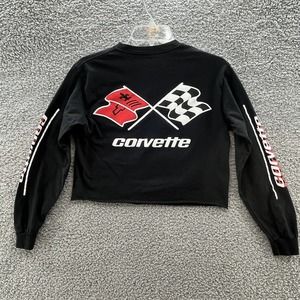 GM Corvette T Shirt Cropped Tee Spellout Flags Checkerboard